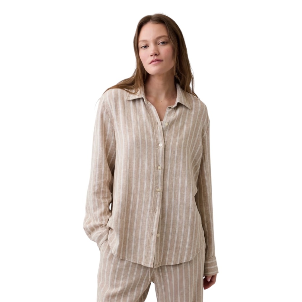 Gap The Easy Shirt Womens Large Tan White Striped Linen Blend Button Down Top